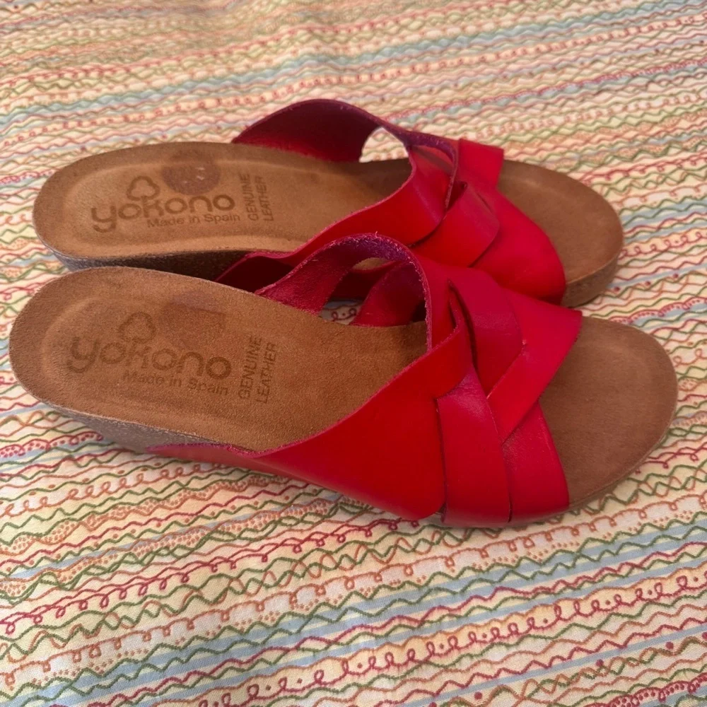 Yokono Candela red leather criss-cross cork wedge slip-on sandals Size 9